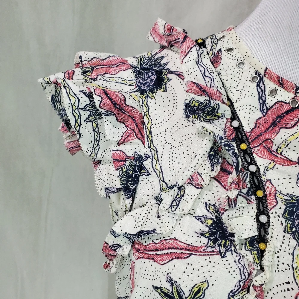 ISABEL MARANT 40 Unice Floral Print Ruffled Top Pink White Black Blouse Ecru - Picture 11 of 16